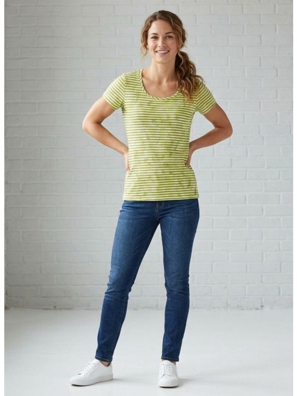 Izod Womens Green & White Striped Short-Sleeve T-Shirt 100% Cotton Size L